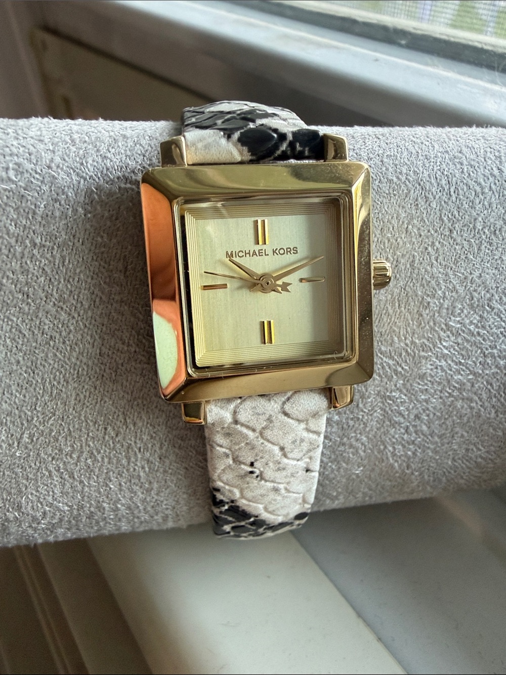 Michael Kors Gold-Tone Square Face Watch with Black & White Snake-Print Strap